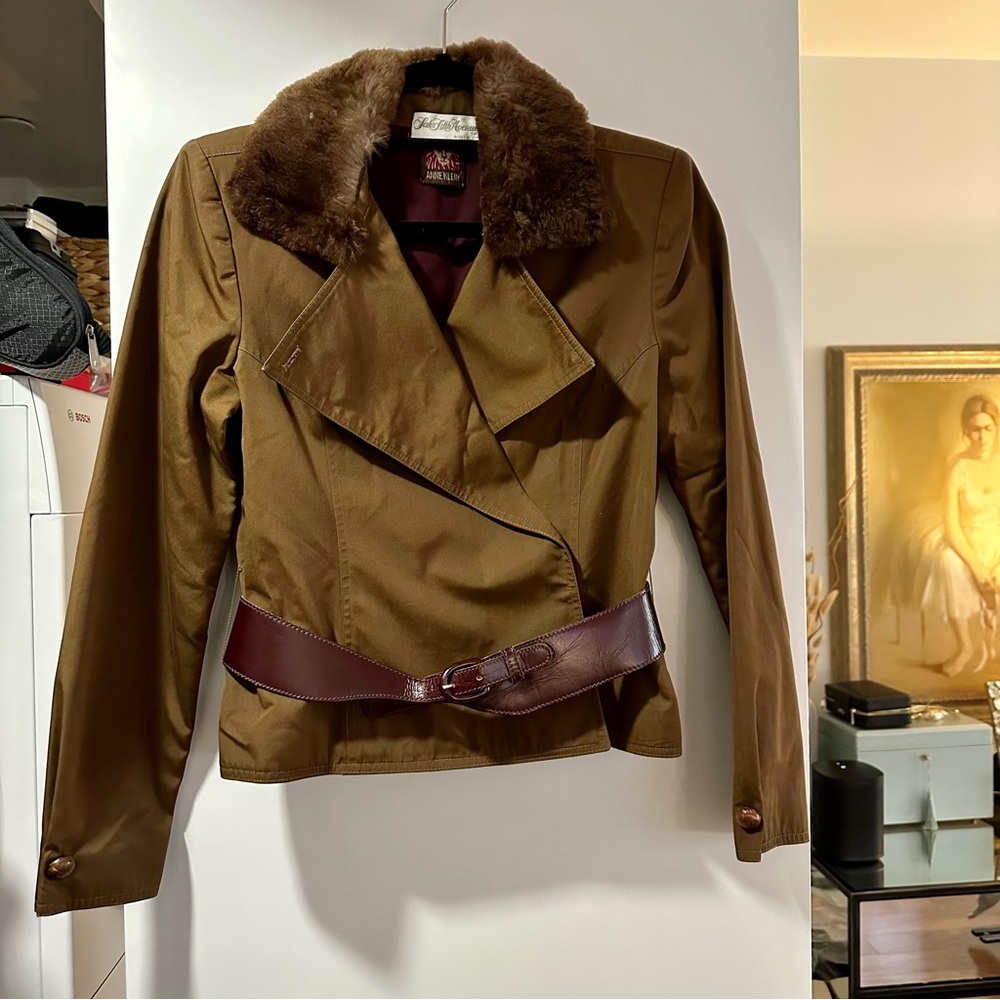 Vintage Anne Klein for Saks Fifth Avenue Brown Khaki Jacket with Fur Collar